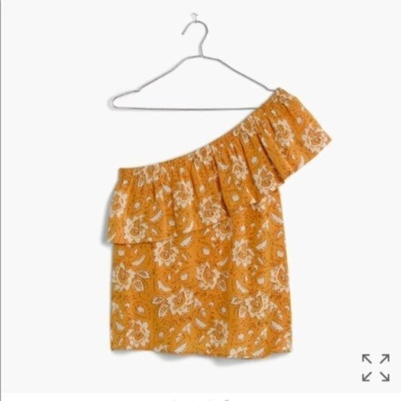 Madewell Silk One-Shoulder Ruffle Top in Yellow Assam Floral S - Picture 4 of 11